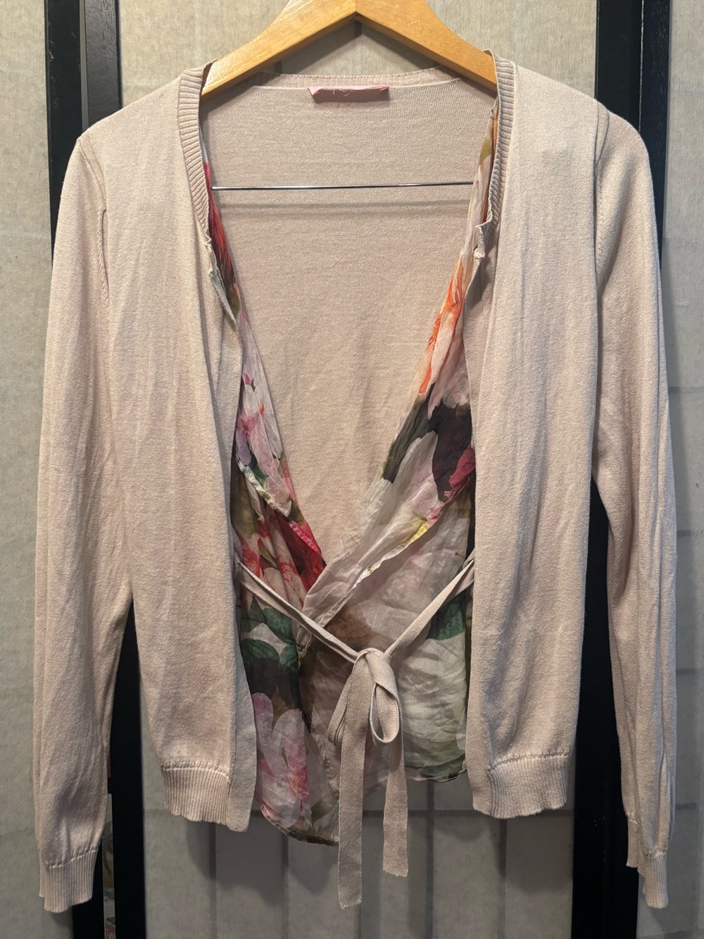 BASLER Vintage Silk Cashmere Cotton Cardigan, built-in silk floral insert, belt